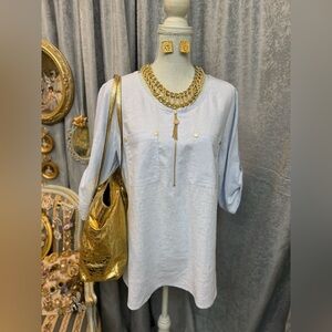 Sold - Elegant Light Blue linen Women's Top with jewelry
